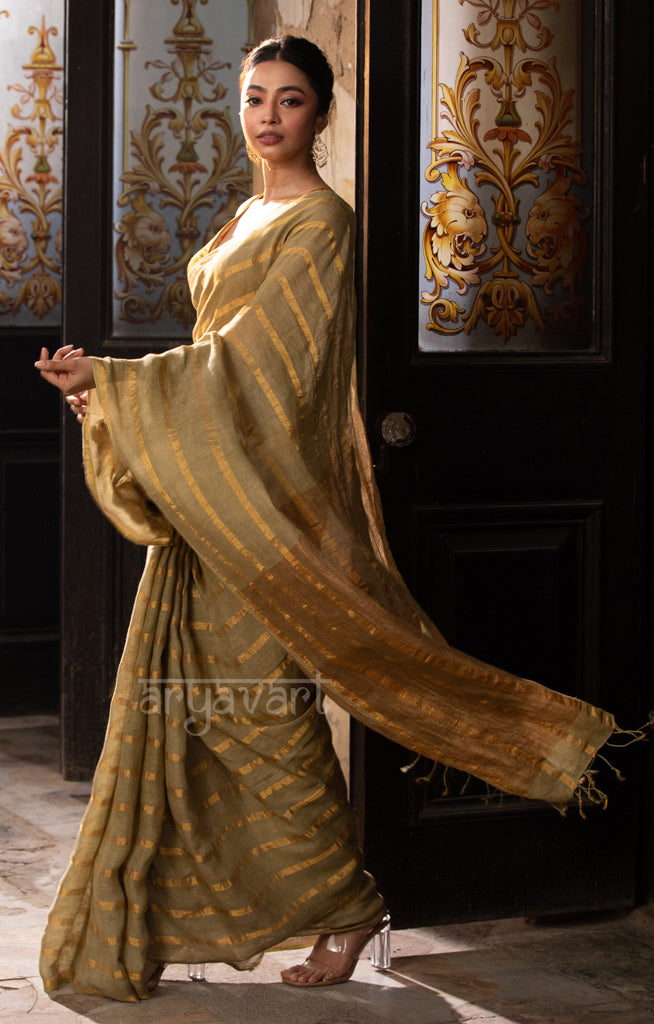 Sage Green Linen Saree With Gold Zari Stripes