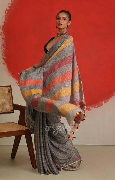 Grey Linen Saree with Woven Jamdani Multi Colour Design