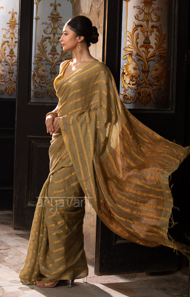 Sage Green Linen Saree With Gold Zari Stripes