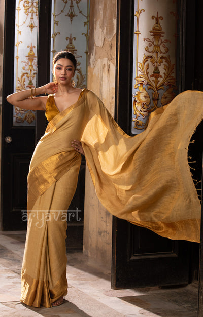 Mustard Textured Linen Saree With A Striking Gold Zari Border & Pallu