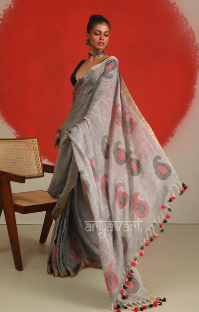 Grey Linen Saree With Jamdani Paisley Woven Design