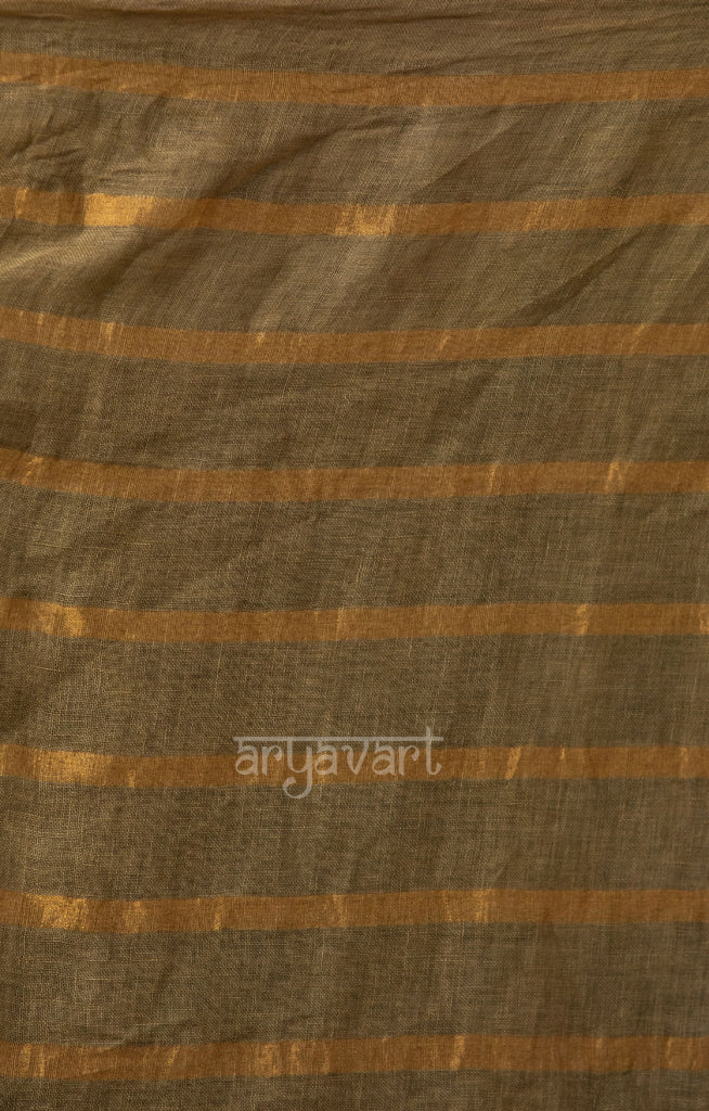 Sage Green Linen Saree With Gold Zari Stripes