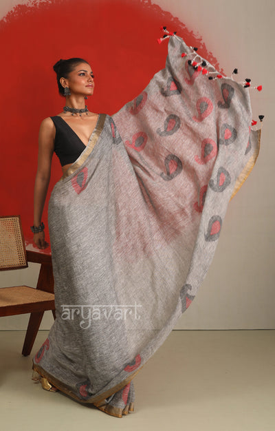 Grey Linen Saree With Jamdani Paisley Woven Design