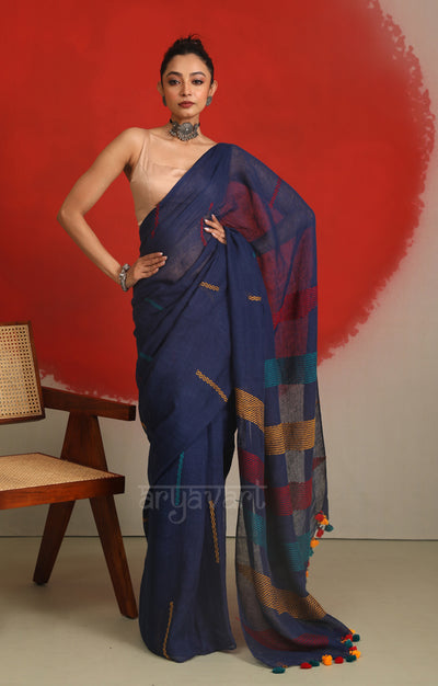 Midnight Blue Linen Saree with Woven Colourful Jamdani Design