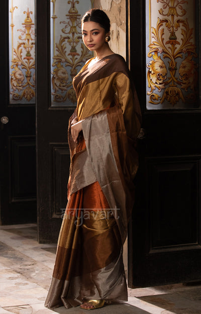 Brown, Gold, Siver, Rust Tissue Cotton Chanderi  Saree