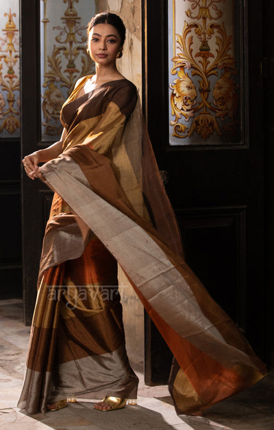 Brown, Gold, Siver, Rust Tissue Cotton Chanderi  Saree