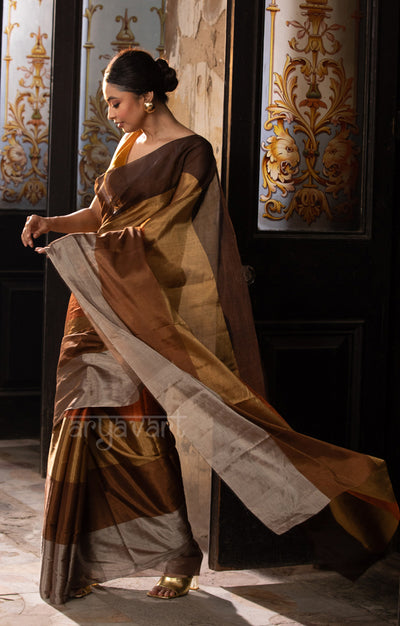 Brown, Gold, Siver, Rust Tissue Cotton Chanderi  Saree