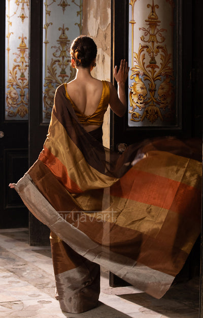 Brown, Gold, Siver, Rust Tissue Cotton Chanderi  Saree