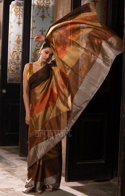 Brown, Gold, Siver, Rust Tissue Cotton Chanderi  Saree