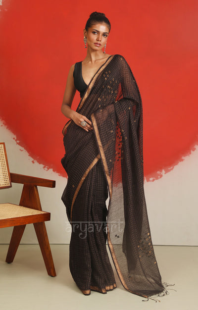 Striking Black Saree With Woven Check Jamdani Design