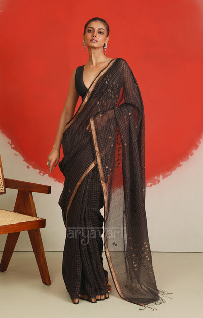 Striking Black Saree With Woven Check Jamdani Design