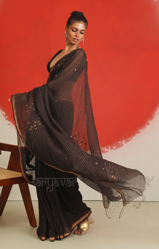 Striking Black Saree With Woven Check Jamdani Design