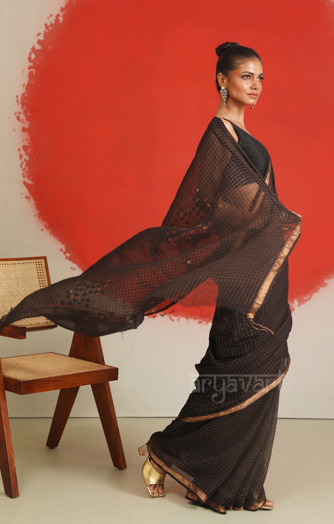 Striking Black Saree With Woven Check Jamdani Design