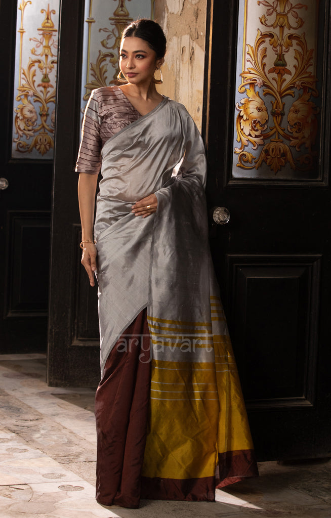 Pecan Brown & Silver Grey Silk Chanderi Saree with a Stunning Mustard Pallu