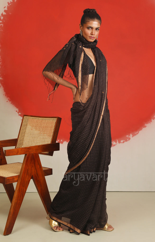 Striking Black Saree With Woven Check Jamdani Design