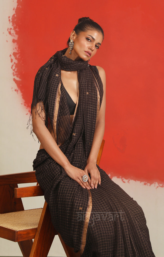 Striking Black Saree With Woven Check Jamdani Design