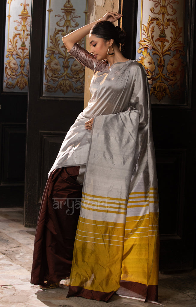 Pecan Brown & Silver Grey Silk Chanderi Saree with a Stunning Mustard Pallu