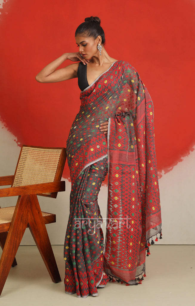 Grey Jamdani Saree with Woven Buttas Red Border and Pallu
