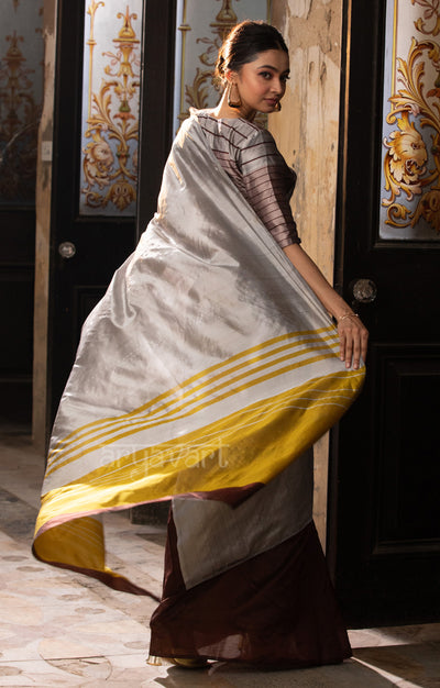 Pecan Brown & Silver Grey Silk Chanderi Saree with a Stunning Mustard Pallu