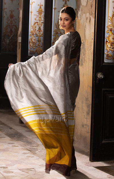 Pecan Brown & Silver Grey Silk Chanderi Saree with a Stunning Mustard Pallu