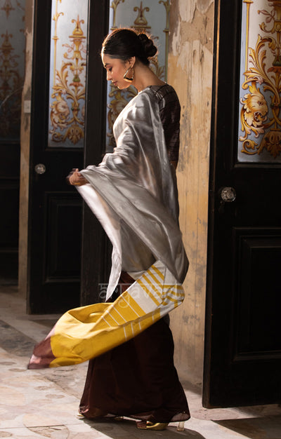 Pecan Brown & Silver Grey Silk Chanderi Saree with a Stunning Mustard Pallu