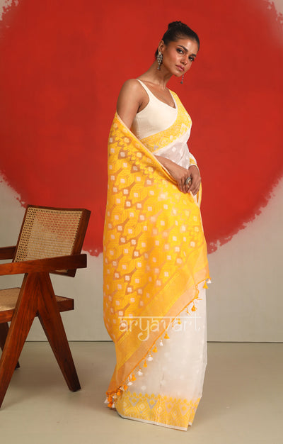 Stunning White Jamdani Saree with Yellow Buttas Border & Pallu