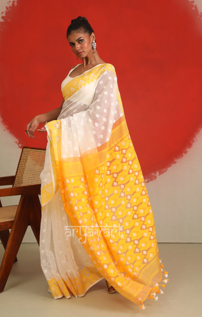 Stunning White Jamdani Saree with Yellow Buttas Border & Pallu