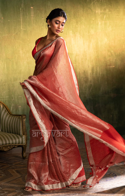 Red & Silver Tissue Linen Saree