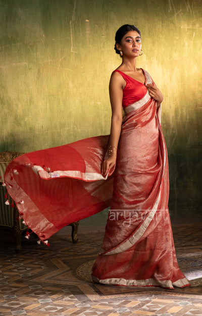 Red & Silver Tissue Linen Saree