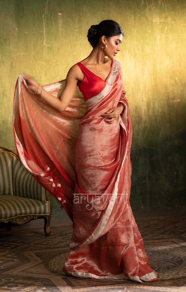 Red & Silver Tissue Linen Saree