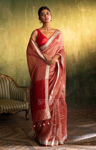 Red & Silver Tissue Linen Saree