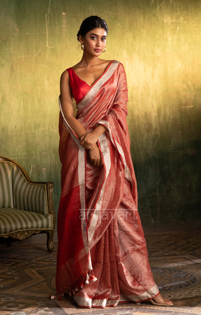 Red & Silver Tissue Linen Saree