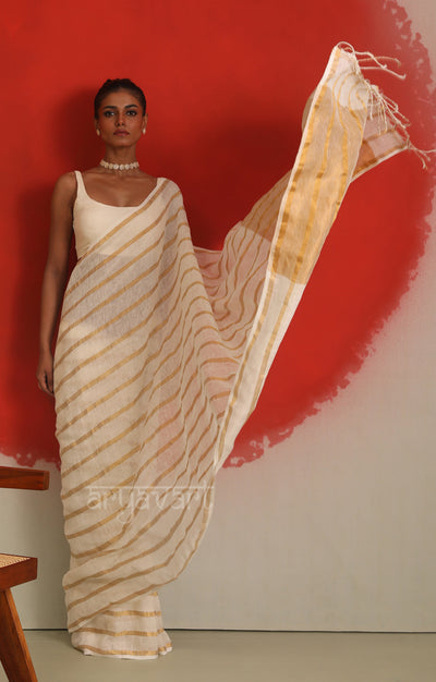Pearl White Linen Saree With Gold Zari Stripes