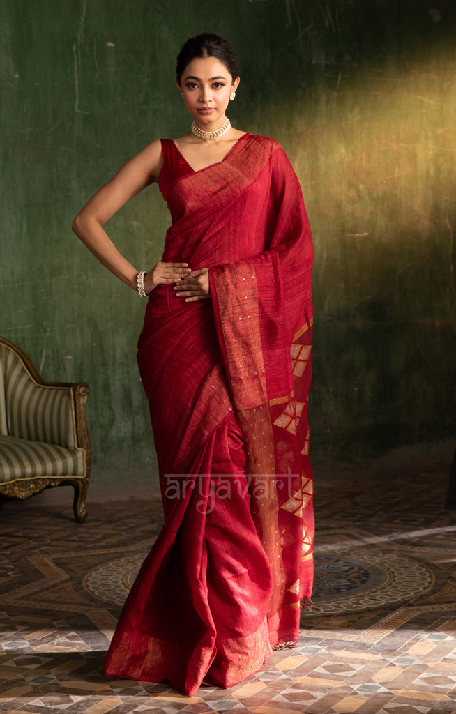 Maroon Matka Silk Saree with Woven Jamdani Design