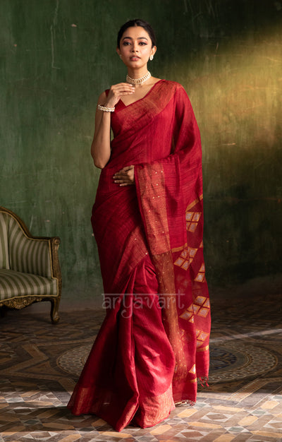 Maroon Matka Silk Saree with Woven Jamdani Design