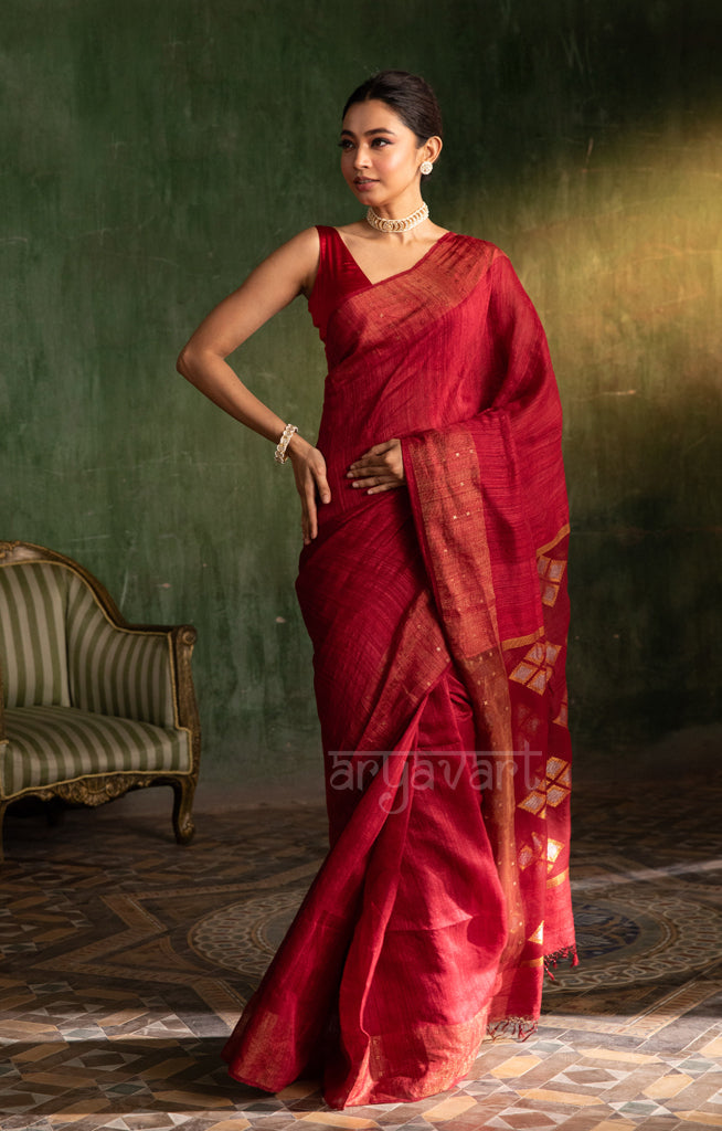 Maroon Matka Silk Saree with Woven Jamdani Design