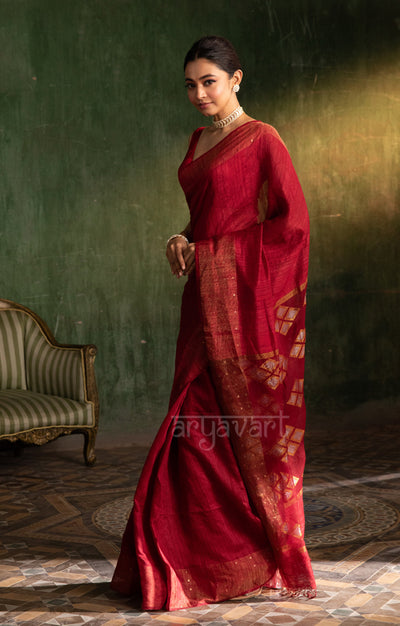 Maroon Matka Silk Saree with Woven Jamdani Design