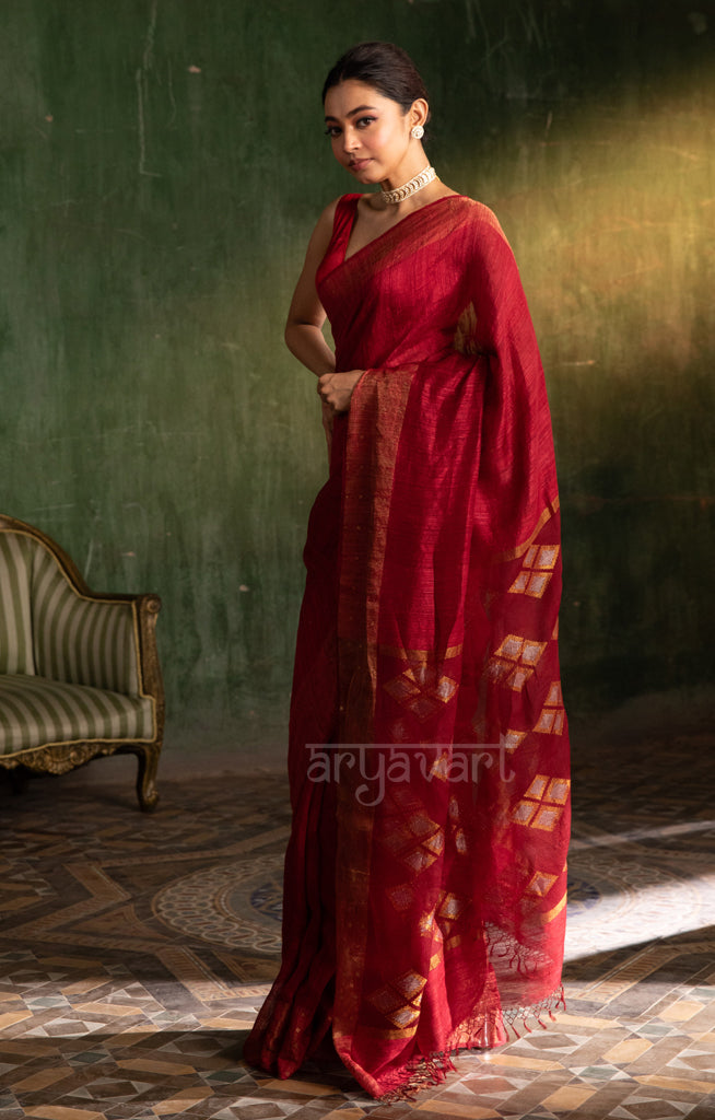 Maroon Matka Silk Saree with Woven Jamdani Design