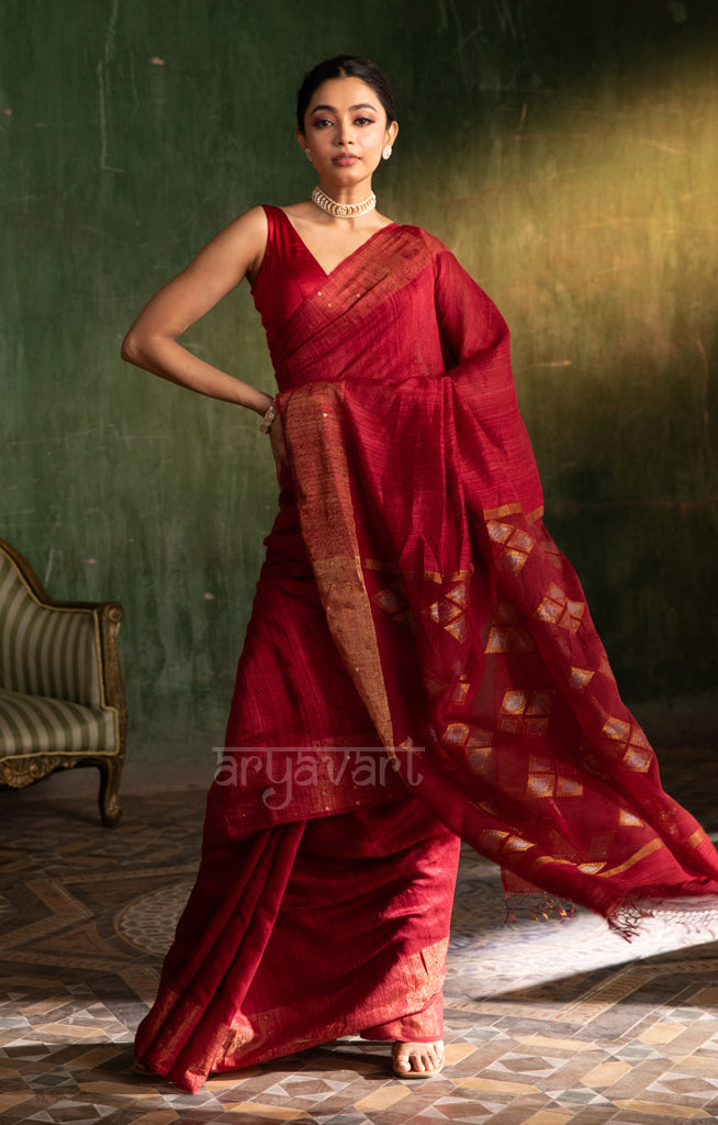 Maroon Matka Silk Saree with Woven Jamdani Design