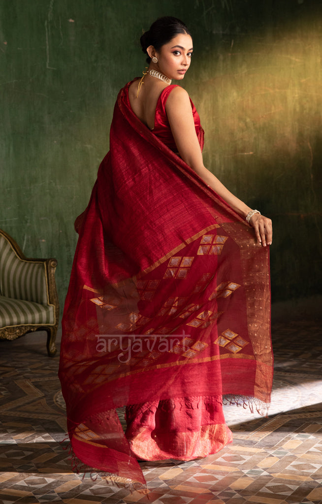 Maroon Matka Silk Saree with Woven Jamdani Design