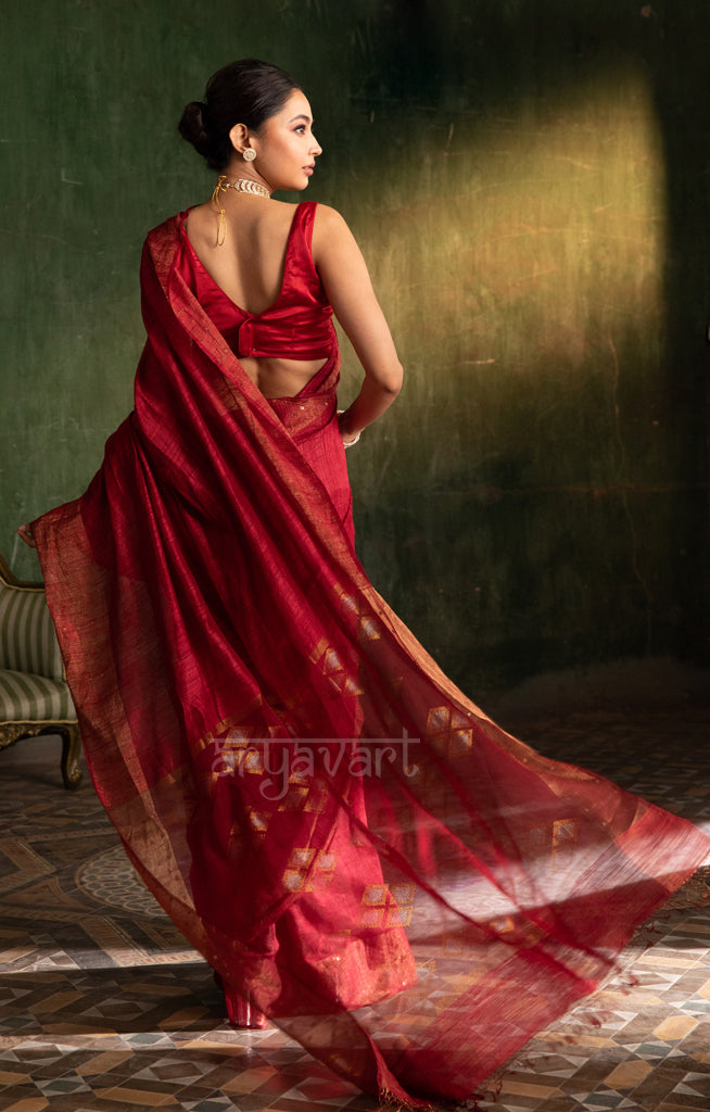 Maroon Matka Silk Saree with Woven Jamdani Design