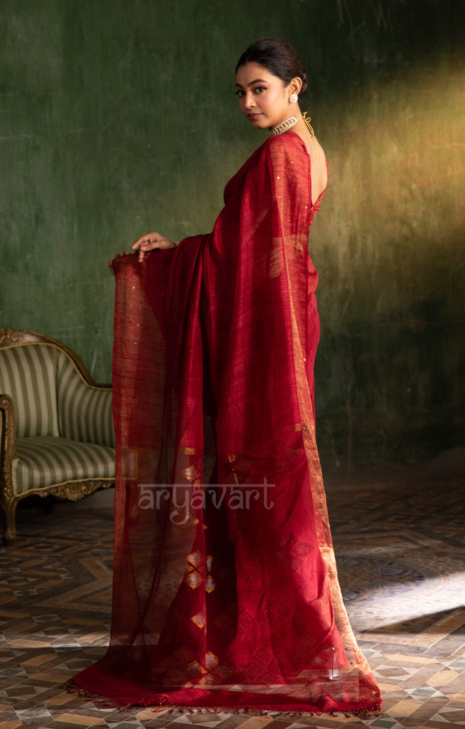 Maroon Matka Silk Saree with Woven Jamdani Design