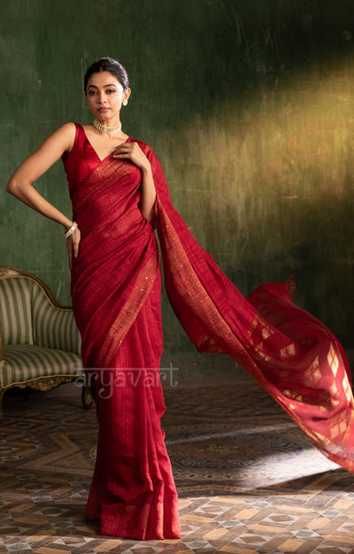 Maroon Matka Silk Saree with Woven Jamdani Design