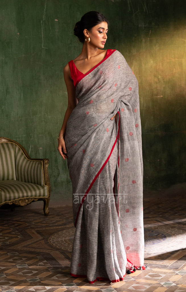 Grey Linen saree With Woven Red Polka Dot Buttas