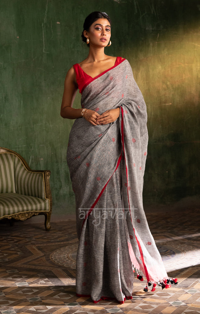 Grey Linen saree With Woven Red Polka Dot Buttas