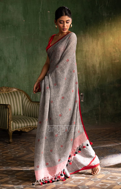 Grey Linen saree With Woven Red Polka Dot Buttas