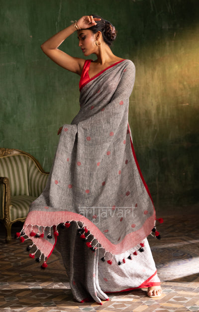 Grey Linen saree With Woven Red Polka Dot Buttas