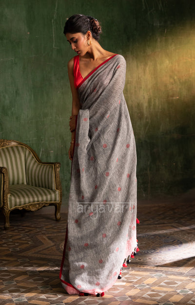 Grey Linen saree With Woven Red Polka Dot Buttas