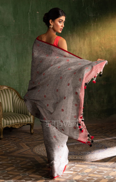 Grey Linen saree With Woven Red Polka Dot Buttas