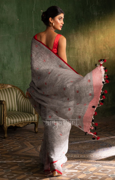 Grey Linen saree With Woven Red Polka Dot Buttas